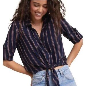 Bella Dahl Metallic Stripe Roll-Tab Tie-Front Shirt‎ Navy Blue/Rose Gold XS